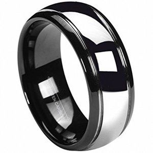 Men's Tungsten Wedding Band (8mm). Black and Silver Domed Gunmetal Bridal Ring.